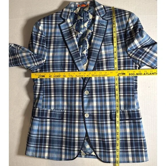 Tallia Orange Tag Sport Coat Men 42R Navy BlueBlazer Jacket Plaid EUC Preppy
